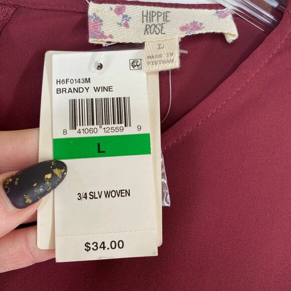 Hippie Rose BURGUNDY Red Wine Roll Tab Sleeve Top Blouse Popover L Large NEW NWT - Picture 4 of 8